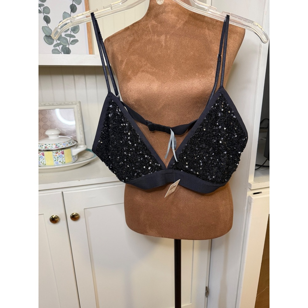 Anthropologie Black Sequin Triangle Bralette XL New NWT Noir Sparkle Lingerie